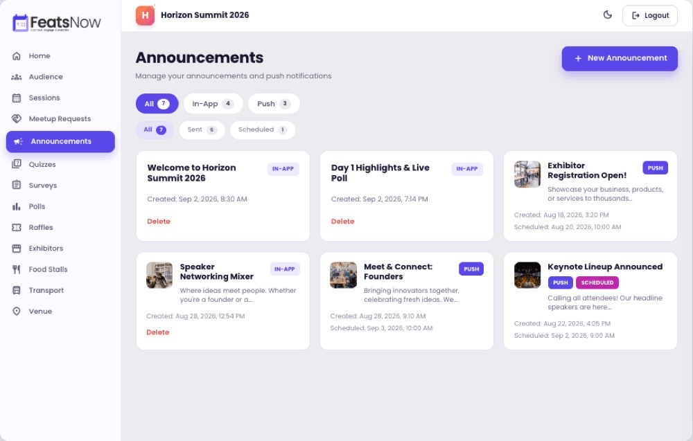 FeatsNow organizer portal — announcements & push