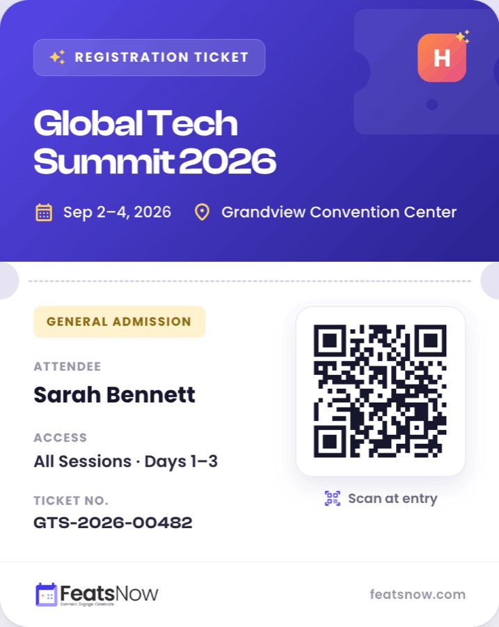 A FeatsClub registration ticket with QR, scanned at entry to FeatsNow